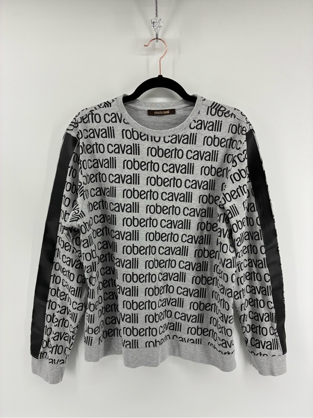 Roberto Cavalli Light Gray Logo-Print Crewneck with Black Shoulder Panels